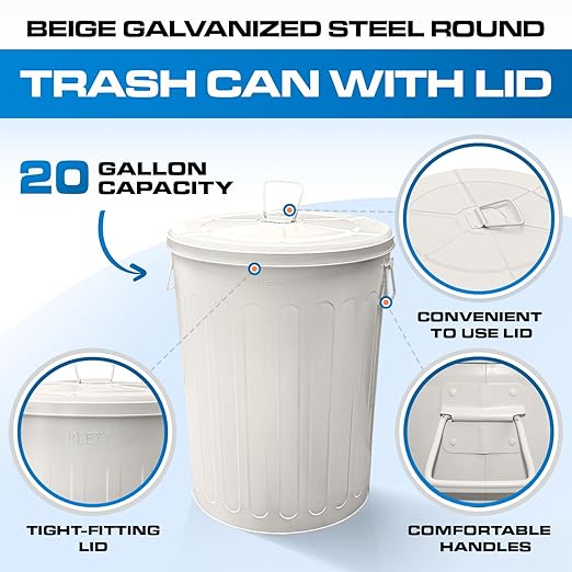 Plexon Large Metal Trash Can with Lid 20 Gallon, Decorative Outdoor Trash Can, Heavy Duty Galvanized Metal Bucket with Lid for Kitchen Garage Farmhouse, Beige, 3 Pack
