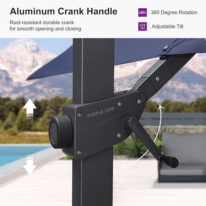 PURPLE LEAF 9' × 9' Patio Cantilever Umbrella with Base Outdoor Square Adjustable Offset Umbrellas with 360-degree Rotation and 8 Heavy Duty Metal Ribs for Garden Deck Pool Navy Blue