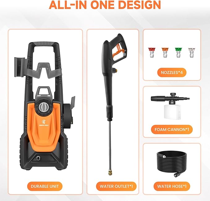 Giraffe Tools Pressure Washer, Max 2400 PSI, 2.3 GPM Electric Power Washer with 4 Quick-Connect Nozzles, Foam Cannon for Cars/Patios/Driveways/Fences