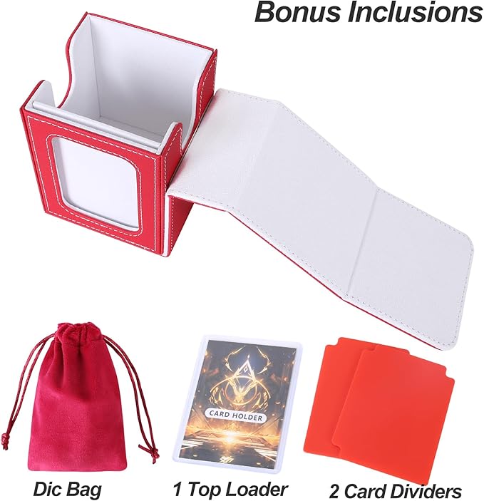AFIING MTG Deck Box for Commander Display,Card Deck Box Fits 60+ Double Sleeved Cards or 100+single sleeved cards, Magic Commander TCG Card Storage Box with 2 Dividers,Dice Bag(Red/White)
