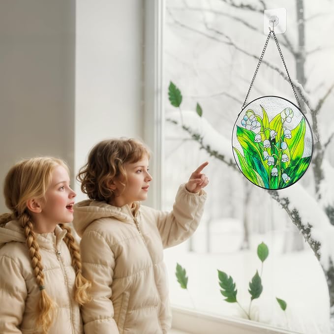 Suncatcher Stained Glass Window Hanging - Flowers Glass Panel with Metal Chain and Hooks Handmade Sun Catcher Decoration for Window Garden Home Christmas & Birthday Gifts (8 Inch)