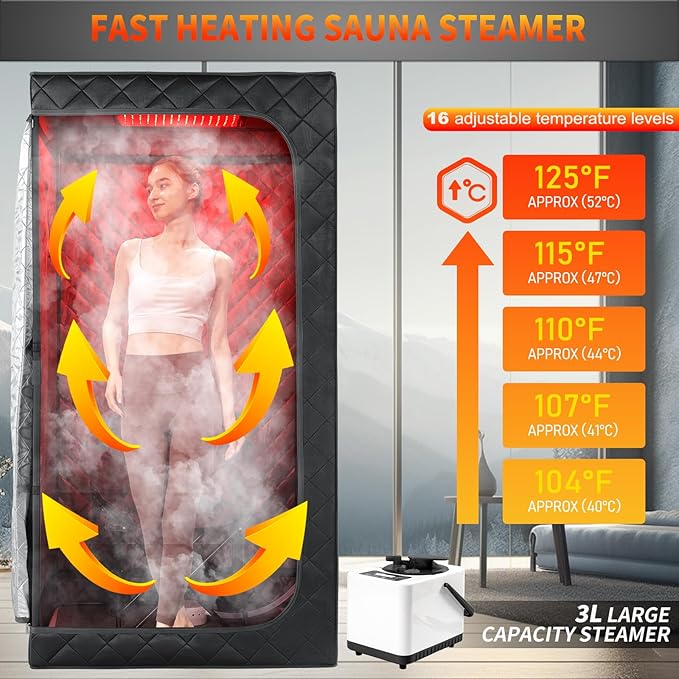 Portable Infrared Sauna for Home, One Person Steam Sauna, Full Body Sauna Tent for Relaxation,1 Person Steam Sauna Box with 660nm Red Light Therapy, 3L&1100W Sauna Steamer, Folding Chair