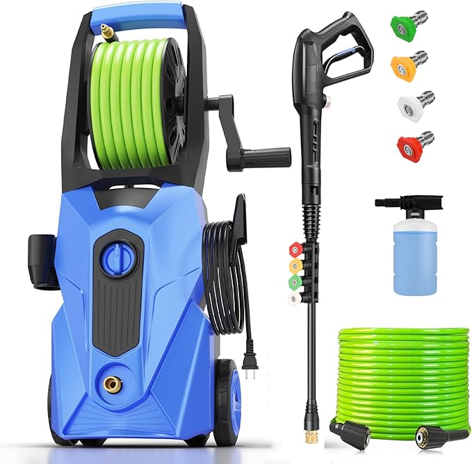 5000PSI Pressure Cleaner, 2025 New Power Cleaner with 33FT Flexible Extension Pressure Cleaner Hose Reel, 4 Nozzles, Professional Power Cleaners for Home/Car(Blue)