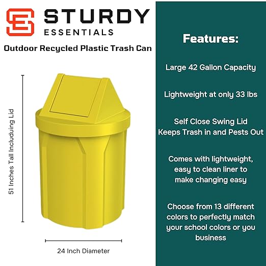 42 Gallon Round 100% Recycled Plastic Indoor or Outdoor Commercial Trash Can with Easy Access Swing Top Lid | Great for Schools and Businesses - Yellow