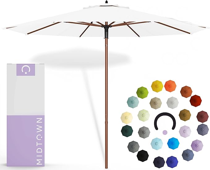 Midtown Umbrellas The Wooden 10 Feet Patio Umbrella With Terylast Ivory (White) Polyester Fabric - Aluminum Frame Market Umbrella For Backyard, Deck, Garden, Pool - Wooden Pole