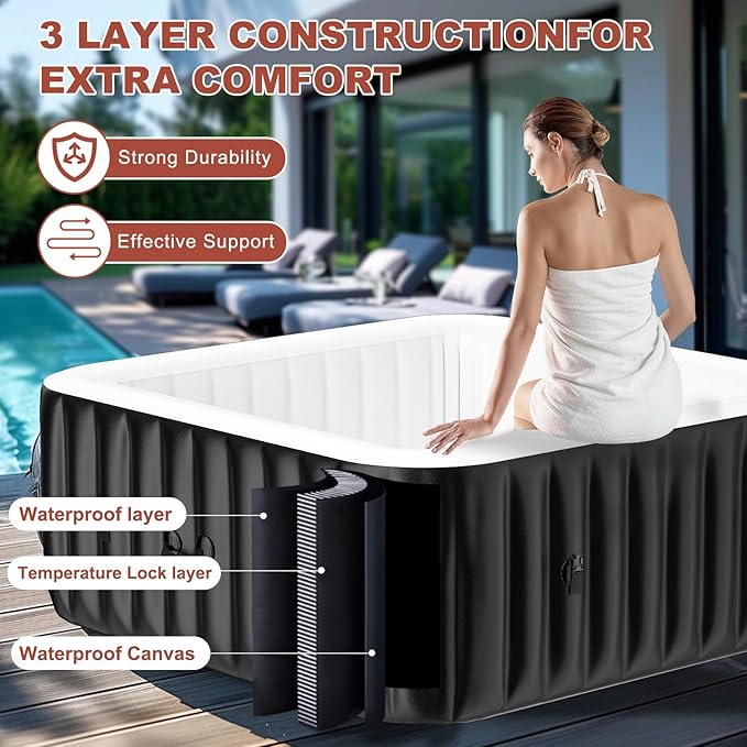 LILYPELLE 2-4 Person Inflatable Hot Tub, Large Square Portable Hot Tub with 120 Bubble Jets, Outdoor Spa Set Included Heater Pump, Filter and Spa Cover, 60" X 60" X 25"