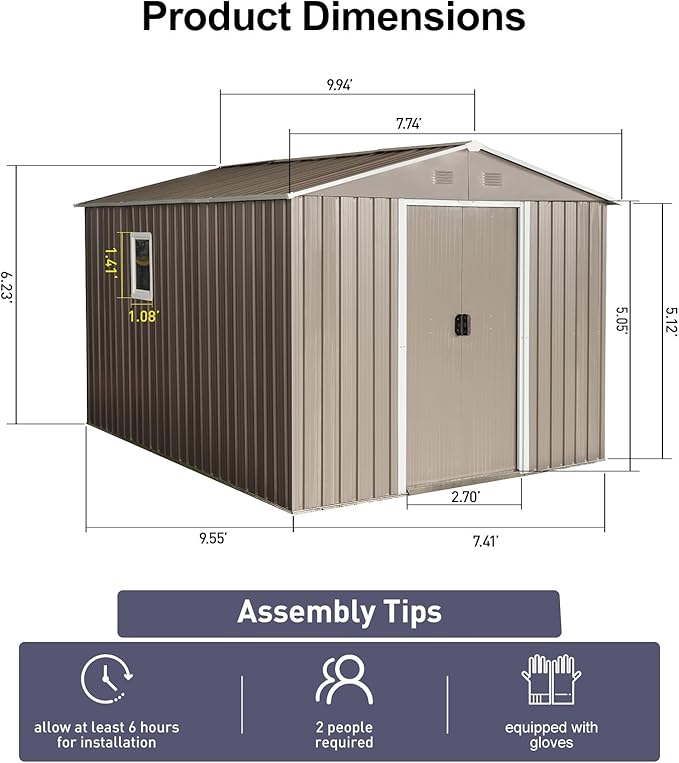 8x10 FT Outdoor Metal Shed,Tool Storage Cabinet with Floor Base and Window,Sliding Doors & Padlock,Waterproof Oversized Shelter for Shovels,Umbrellas,Grey