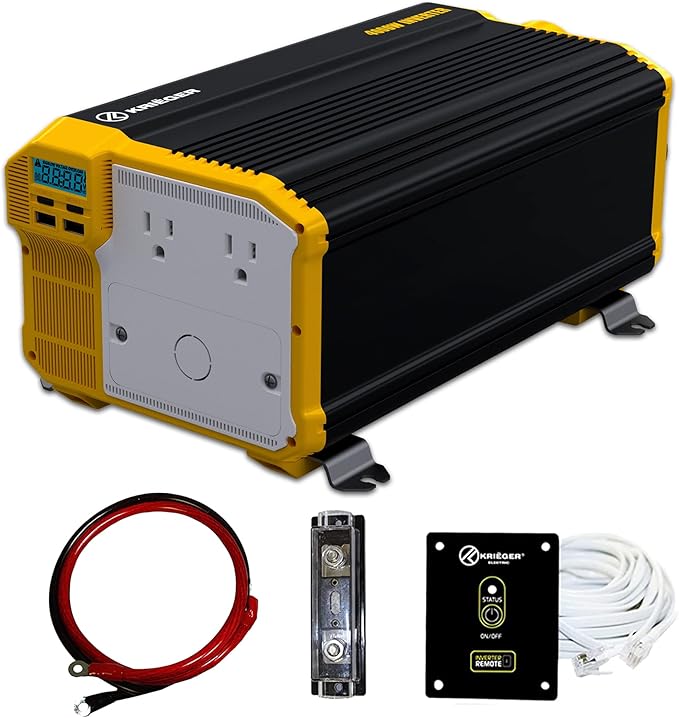 Krieger 4000W Modified Wave Inverter 12V DC to 120V AC Converter for RV, Truck, Off-Grid Solar Power Inverter 12V to 110V W/Built-in 5V/2.1A USB Port, AC Hardwire Port, Remote Cables Fuse Included