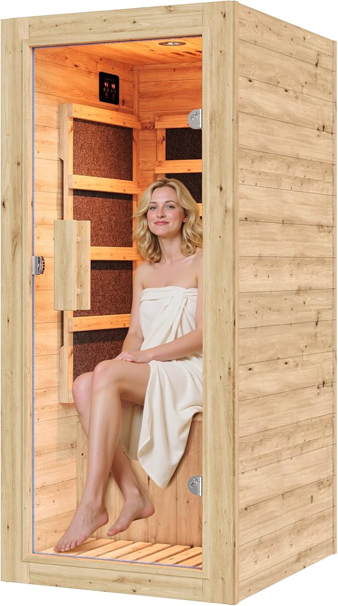 Albott Infrared Sauna 1 Person, Infrared Saunas for Home, 746W/110V Spruce Wood Dry Sauna with Foot Warmer, Easy Assembly – Compact Indoor Spa, 149℉ Fast Heating, LED Light, 27.2"x31.8"x60.2"