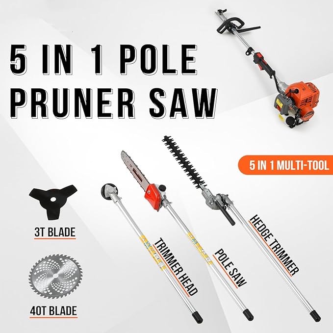 41.5cc Gas Hedge Trimmer Weed Eater 5 in 1 Multi Functional Trimming Tools Gas Weed Wacker Pole Saw for Tree Trimming Brush Cutter String Trimmer Lawn Edger