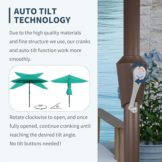 PatioKingdom Auto-Tilt 9FT Patio Umbrella Outdoor with 8 Sturdy Fiberglass Ribs,Market Table Umbrella for Pool,Backyard,Deck and Garden
