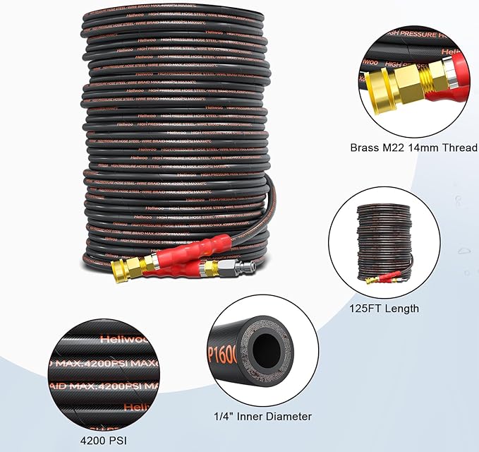 Pressure Washer Hose 125FT, 4200PSI High Tensile Wire Braid Kink Resistant Power Washer Extension Hose, 1/4" Flexible Replacement Hose with M22-14mm Brass Swivel Thread and 3/8 Quick Connect