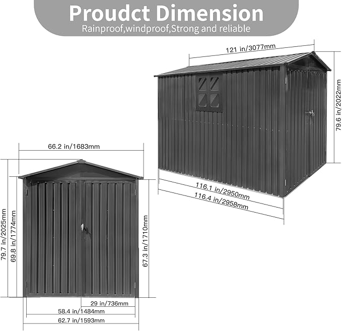 5.5x10FT Motorcycle Outdoor Storage Shed with Window, Lockable Steel Shed for Motorcycle, Heavy-Duty Weather-Resistant, 66.2" L x 121" W x 79.7" H, Grey – Easy Assembly