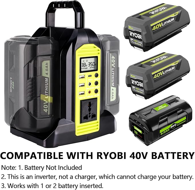 Power Inverter for Ryobi 40V Battery, 350W 2-Port Battery Converter DC 40V to AC 120V, Portable Generators with LED Light, 6 Output Ports, LCD Display for RV Camping, Emergency, Power Outages