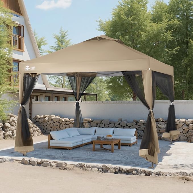 CROWN SHADES Gazebo 10x10 Pop Up Canopy with Mosquito Netting, Screen Tent with 4 Ropes, 8 Stakes, 4 Sandbags and Wheeled Storage Bag, Canopy for Patio & Backyard, Beige