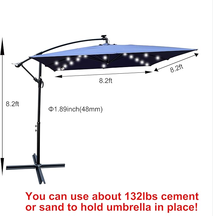 8x8FT Patio Umbrella, Outdoor Offset Umbrella with Cross Base and Crank, Square Cantilever Umbrella with Solar Lights, Hanging Market Umbrella with 8 Rids for Pool, Deck, Backyard (Navy Blue)