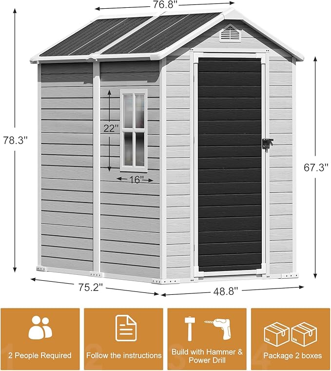 Resin Outdoor Storage Shed with Floor 6x4 FT Waterproof Plastic Sheds Kit Window Lockable Door Included, Outside Garden Tools Sheds for Backyard Patio, Gray