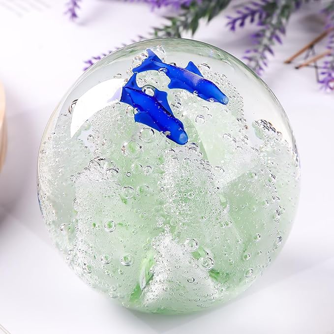 Decorative Crystal Ball Figurines Coral Fish Paperweight Blown Glass Decor Sea Art Ocean Lovers Gift Green 3.15"