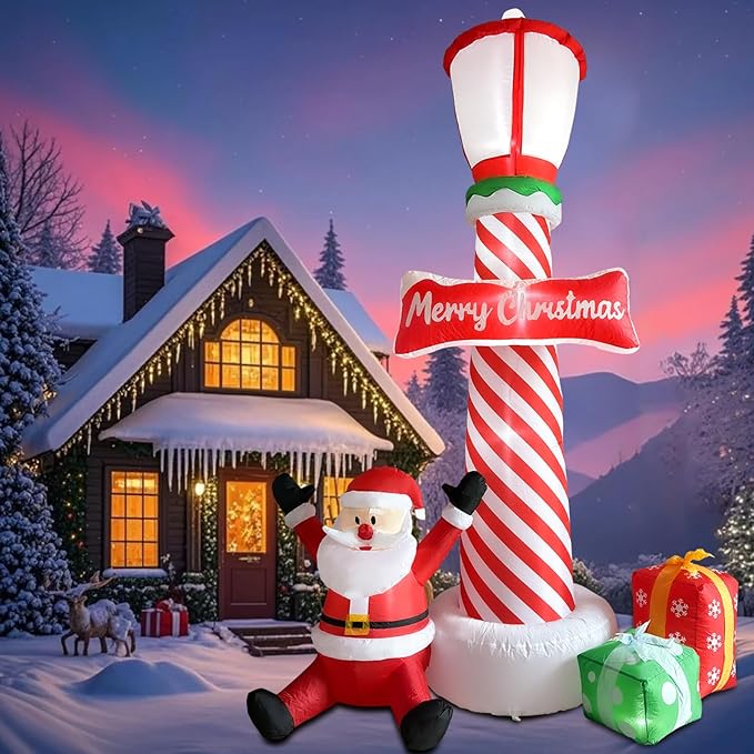 ZXSWONLY 8.1ft Christmas Inflatable Lighthouse with Santa Claus and Gift Box, Christmas Inflatable Lighthouse with Built-in LED Lights for Holiday Party Outdoor Garden Yard Lawn Decoration