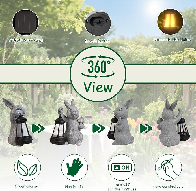 Rabbit Statue Garden Ornaments Art Outdoor Decoration with Solar Powered LED Lights Decor for Patio,Balcony,Yard, Mum Birthday Gifts, Garden Gifts for Women