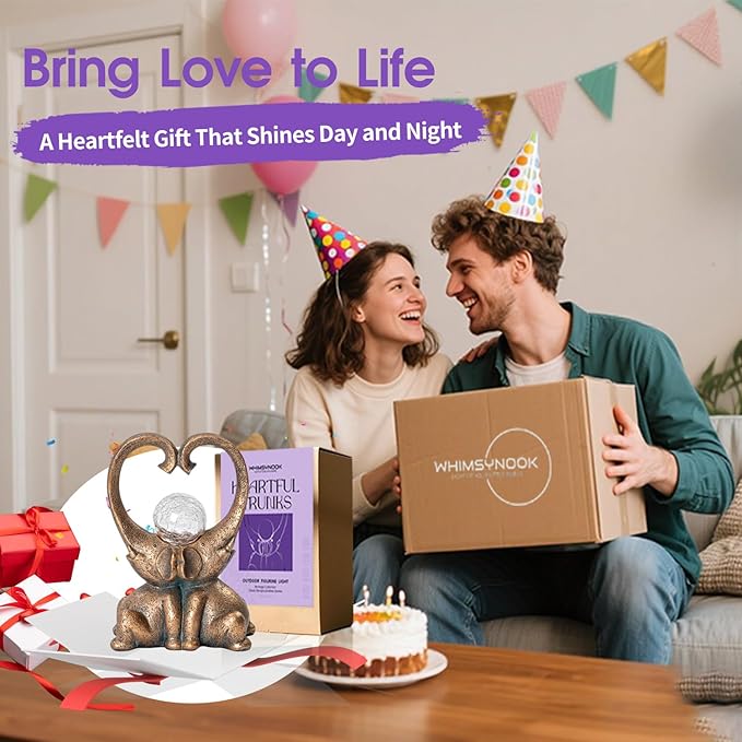 WHIMSYNOOK 7.9" Bronze Elephant Garden Statue with Heart-Shaped Trunks & Solar LED Light – Outdoor Decor for Porch, Lawn, Yard – Perfect Birthday, Housewarming Gifts for Mom and Elephant Lovers