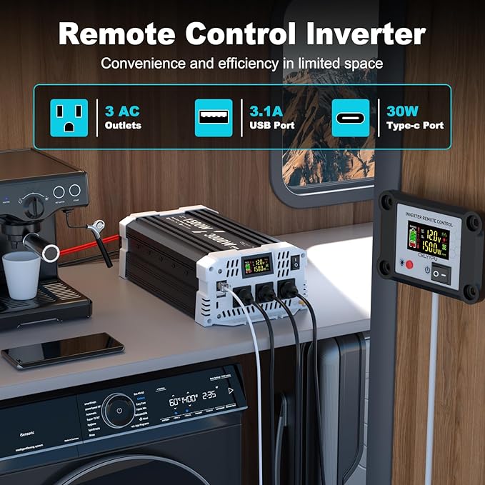 1500 watt Pure sine Wave Inverter, 12V DC to 110V AC Power Inverter, Used for Solar Emergency Power Supply in RV Homes, with 3 AC Output sockets, USB Port, Type-C Port, Remote Control with LCD Screen