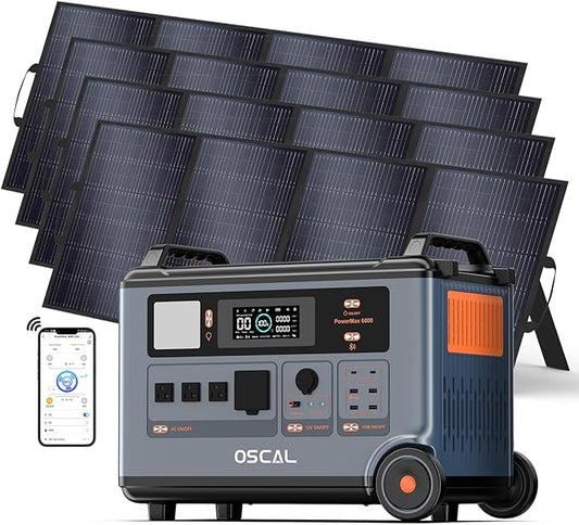 OSCAL PowerMax 6000 120V/240V Solar Generator with 4x400W Solar Panel, 6000W Portable Power Station AC Outlets (9000W Peak), 2200W AC Charging/2400W PV Charging, Battery Backup for Home, Emergency