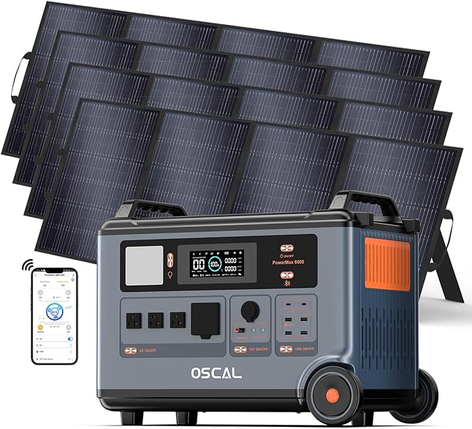 OSCAL PowerMax 6000 Solar Generator with 4x400W Solar Panel, 120V/240V Split Phase Voltage 6000W AC Outlets (7200W Peak), 2200W AC Charging/2400W PV Charging for Home, Emergency, Bank Battery Backup