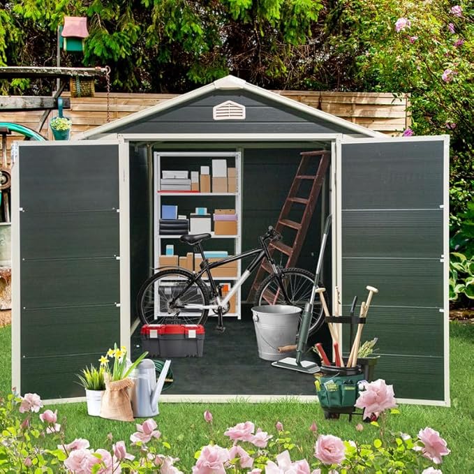 8 x 6 FT Outdoor Storage Shed with Window, Outside Garden Resin Sheds w/Floor and Lockable Doors, Waterproof Plastic Tool House for Backyard, Garden, Patio, Lawn, Bike Accessories, Black