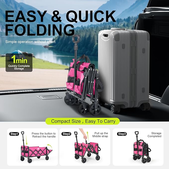 Collapsible Wagons Carts Foldable with Extended Tailgate, Folding Wagon Cart on Wheels, Portable Heavy Duty Shopping Carts for Groceries, Apartment, Garden, Camping, Sports, Outdoor (Pink)