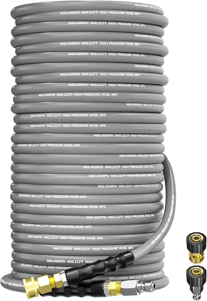 Pressure Washer Hose 200FT 3/8" for Cold and Hot Water 212°F, with Swivel Quick Connect, 4500PSI Kink Resistant Grade Steel Wire Braided, Power Washer Hose With 2pcs M22-14mm Adapter