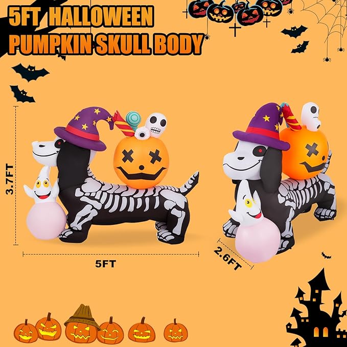 Halloween Inflatable Pumpkins & Skeleton Dog Decorations, 5FT Halloween Inflatable Outdoor Decorations, Blow up LED Lights Lighted Yard Decorations, Lawn Inflatables Home Family Outside Holiday Decor