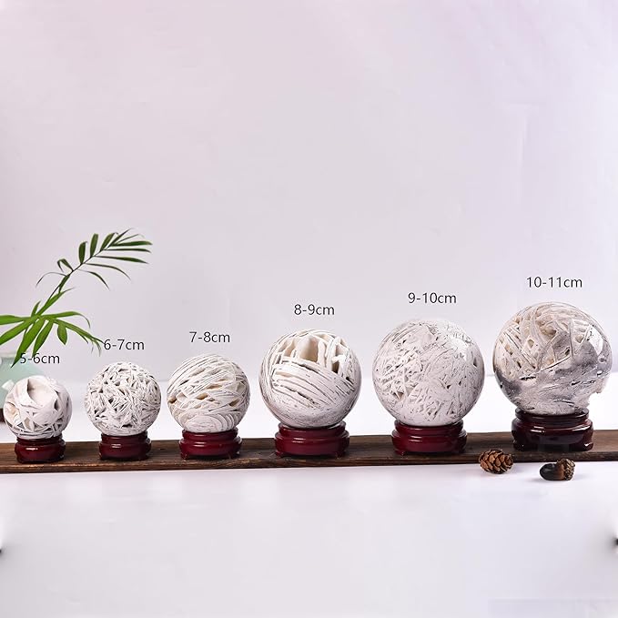JIC Gem Natural Mexican White Agate Crystal Sphere Crystal Decorative Ball with Wooden Stand Meditation Balls for Witchcraft Reiki Gift 50-60mm