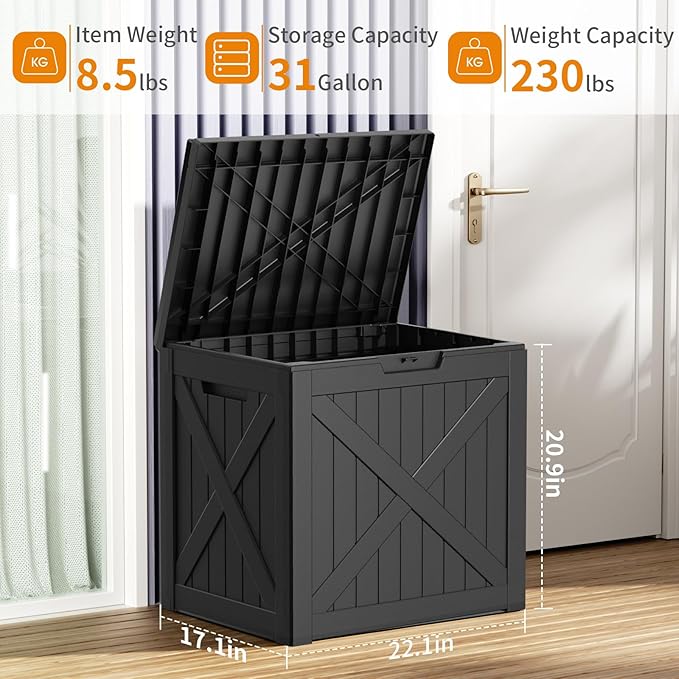 Resin Deck Box - 32 Gallon Lockable Outdoor Storage, Water-Resistant Indoor/Outdoor Bin for Package Delivery, Patio Cushions, Gardening Tools