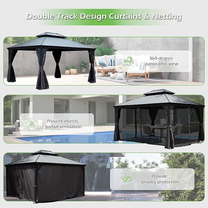 Domi 10’x12’ Hardtop Gazebo with Gutters, Outdoor Patio Gazebo Canopy with Resin & Metal Roof, Heavy Duty Permanent Pavilion for Backyard, Deck, Hot Tub, Curtains and Mosquito Netting Included