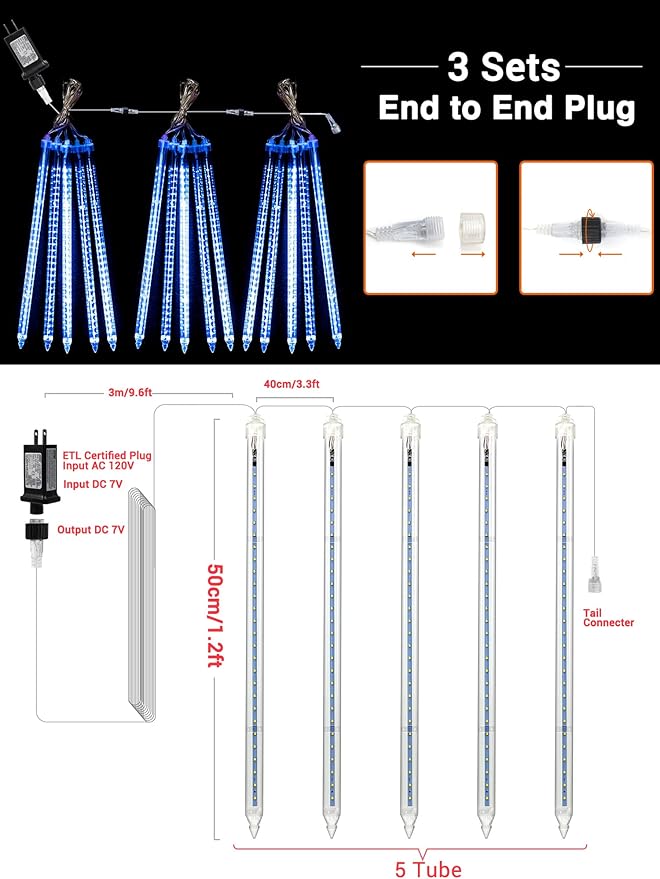 Flacchi Meteor Shower Icicle Lights - 5 Tubes 20" Each 270 LED Cascading Raindrop Lights, Timer Outdoor Waterproof Christmas Decorations for Holiday Party(Blue)