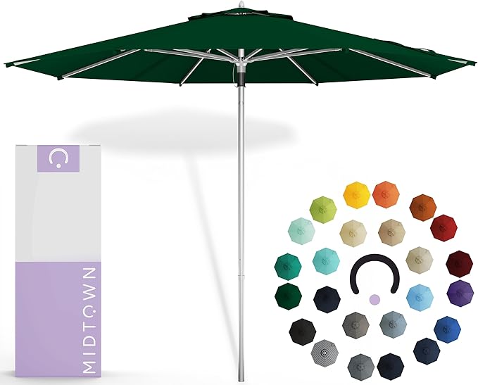 Midtown Umbrellas Push Pop Sunbrella Umbrella 9 Feet Outdoor Umbrella in Forrest Green Acrylic - Patio Umbrella, Backyard Umbrella, Garden Umbrella, Picnic Table Umbrella & Pool Umbrella - Black Pole