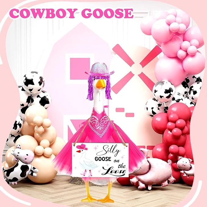 Cowboy Porch Goose Outfit Set for 23" Cement/Plastic Lawn Goose Statue - Silly Goose on The Loose Sign with Hat, Bandana, Lace Tutu Skirt Funny Wigs for Garden Party Yard Outdoor Decor