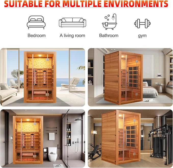 Infrared Sauna Room with WiFi Control, 2 Person Canadian Cedar Wood Indoor Saunas Spa with Red Light Therapy, Oxygen Bar, Speaker, Backrest, 1800W/220V, Ideal Sauna for Gym, Home