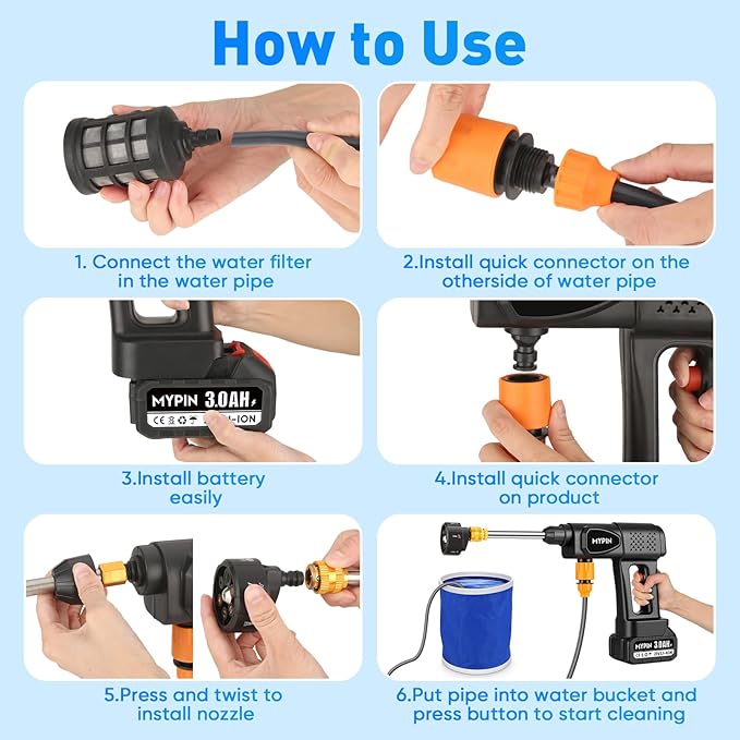 Portable Cordless Pressure Washer, 600 PSI 21V 2x3.0Ah Rechargeable Batteries Powered Pressure Washer, 6-in-1 Nozzle with Jet Nozzles for Car Floor Wall Fence Cleaning Pet Cleaning