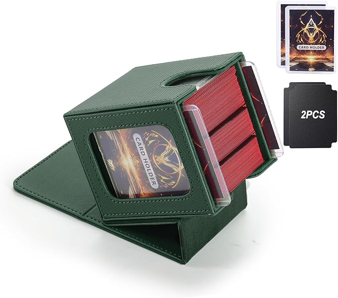 MTG Deck Box, Double Display Window MTG, Commander Deck Box Fits 120+ Single Sleeved Cards, PU Leather Magnetic Closure Card Box with 2 Dividers&2 Toploaders for TCG, CCG, Green