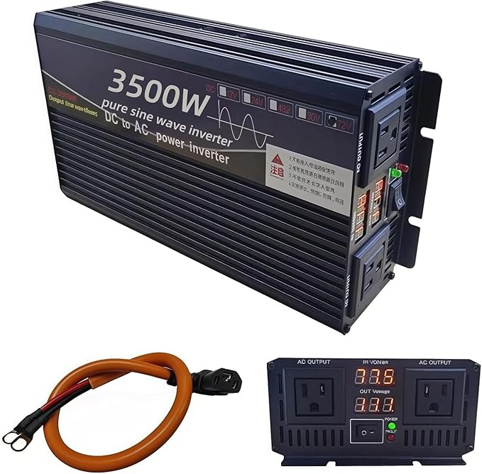3500 Watt Power Inverter 72V DC to 110V AC Converter, RV Inverter, LED Display with 2 AC Outlets Dual Fans Radiating, for RV, Camp and Home, Electric Tool Pure Sine Wave Inverter (110V, 3500W, 72V)