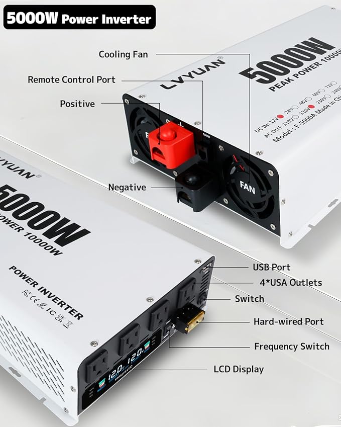 LVYUAN 5000 Watt Power Inverter 12V to 110V 120V DC to AC Converter with 4 AC Outlets, LCD Display, USB Charge Port, Remote Control for Home RV Vehicle Outdoor Camping Car Power Inverter