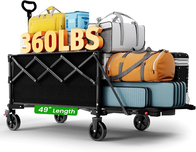 Extra Large Foldable Wagons Extended Clearance, 250L Collapsible Wagon with Tailgate, 49”L Folding Wagons with Brakes, Grocery Wagon, Utility Cart for Sports, Shopping, and Camping, Black