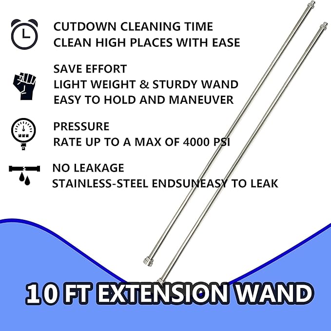Hourleey Pressure Washer Extension Wand, 120 Inch (10ft) Stainless Steel with 1/4" Quick Connect Power Washer Lance, 2 Pack 60" Each Wand