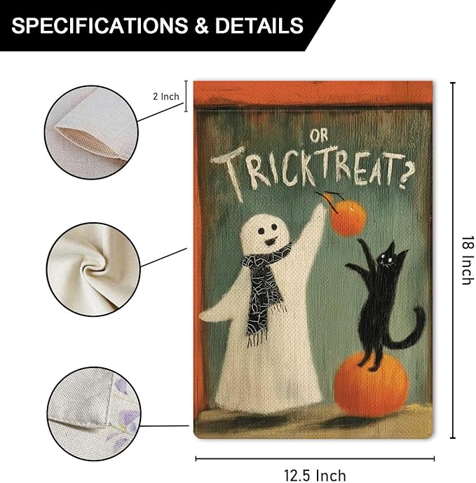 Trick or Treat Garden Flag Ghost Teasing Black Cat Holiday Garden Flag Pumpkins Vertical Double Sided Rustic Farmland Burlap Yard Lawn Outdoor Decor 12.5x18"