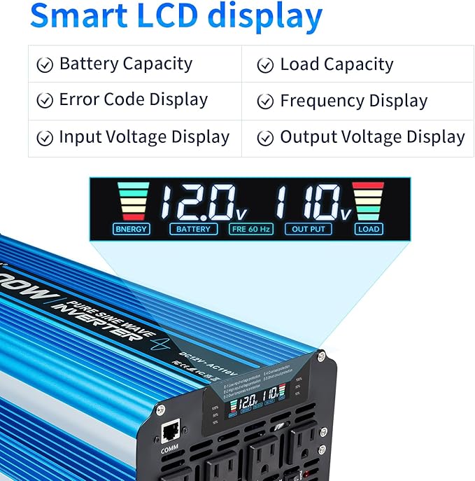 5000W Pure sine Wave Inverter DC 12V to AC 110V/120V Converter 10000w (Peak) with LCD Display Wireless/Wired Remote Control 4AC outlets 4USB and Hardwired AC.Ideal for RV Travel Off-Grid Solar Systems