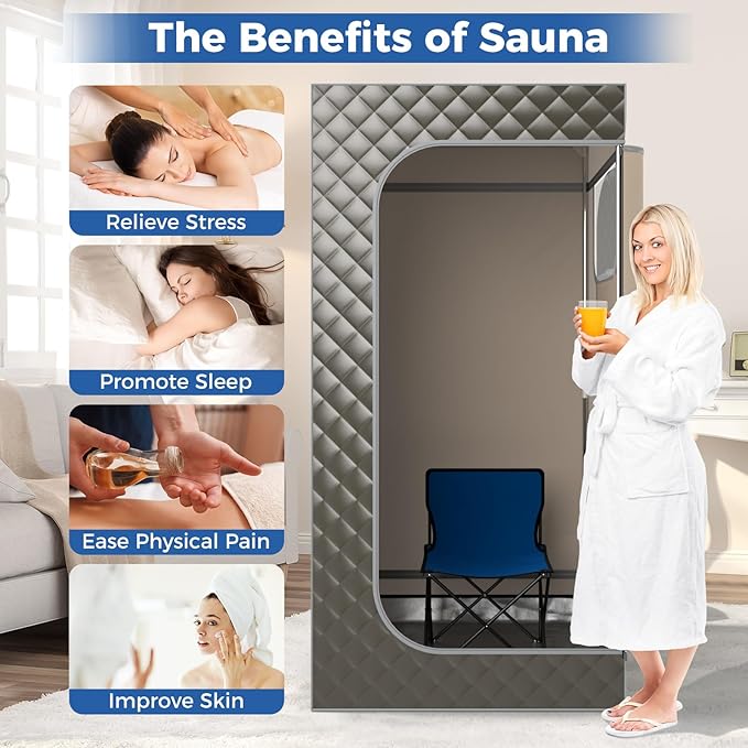 Giantex Portable Sauna Box, Full Body Steam Sauna for Home with 3L Generator, Remote Control, Folding Chair & Wooden Foot Roller, Lightweight Single Person Sauna Tent, 36" x 36" x 72", Gray