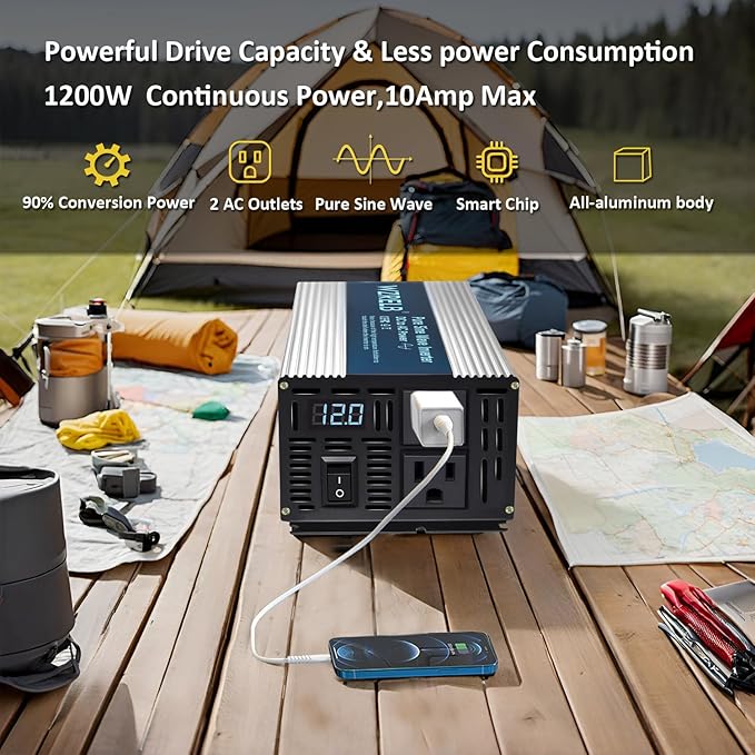 WZRELB 1200W Pure Sine Wave Inverter 12V DC to 110V 120V AC Power Converter with LED Display, Off-Grid Portable Power Inverter with 2 AC Outlets for Home, RV, Truck, Camping