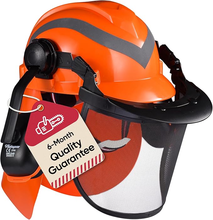 SAFEYEAR Forestry Hard Hat, Cap Style Chainsaw Safety Helmet with 4 Point Ratchet Suspension for Women & Men, with Adjustable Ear Muffs & Face Shield Visor, Neck Shade,Anti Impact Work Gloves
